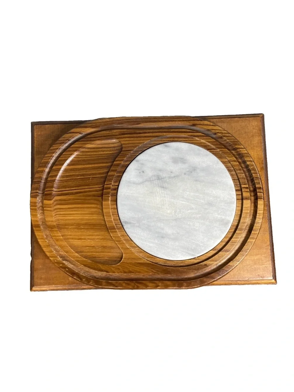 Vintage Dolphin Teakwood Cheese Board Serving Tray Marble W/ Clear Glass Dome